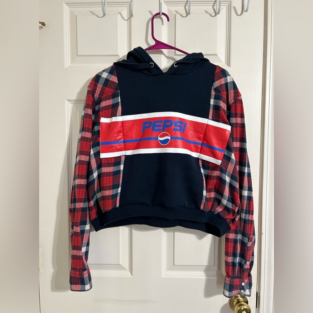 Upcycled Reworked Red White Blue flannel shirt Pepsi Hoodie Crop sweatshirt S/M
